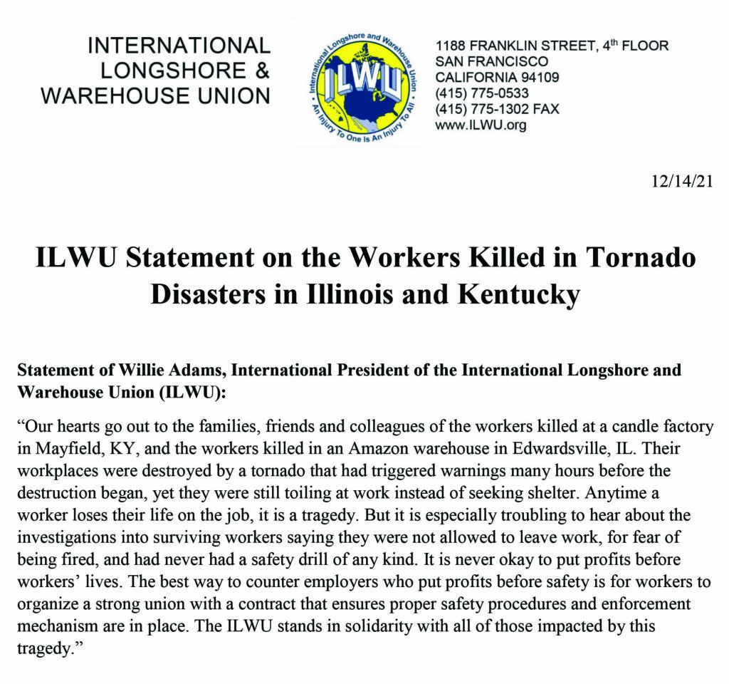 ILWU Statement on the Workers Killed in Tornado Disasters in Illinois